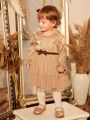 Baby Girl Floral Jacquard Flare Sleeve Ruffle Hem Mesh Overlay Dress