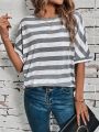 SHEIN LUNE Women's Round Neck Striped T-shirt