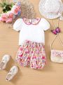 SHEIN Baby Girls' Summer Holiday Color Block Doll Collar Top With Flower Print Shorts Set