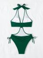 SHEIN Swim BAE Ladies' One-piece Halter Neck Green Swimsuit