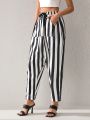 MUSE BY MONET Black And White Denim Striped Drawstring Drop Crotch (Harem) Pants.