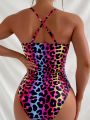 SHEIN Swim Summer Beach Leopard Print Crisscross Backless One Piece Swimsuit