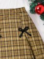 SHEIN Kids CHARMNG Girls' Plaid Skirt With Bow Decor For Teenagers