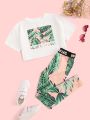 SHEIN Kids SUNSHNE Tween Girl Jungle Print Tee & Letter Tape Leggings Set