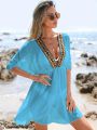 SHEIN SHEIN Swim BohoFeel Contrast Tape Batwing Sleeve Cover Up Dress