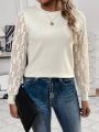 SHEIN Frenchy Round Neck Long Sleeve Sweater Top With Lace Panel