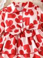 Baby Girls' Button-front Elegant Dress With Heart Print For Autumn