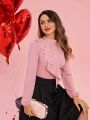 SHEIN Clasi Women  Valentine's Day  Stand Collar Lace Decorated Lantern Sleeve Pink Shirt