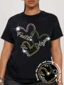 Plus Size Women'S Short Sleeve T-Shirt With Heart & Letter Print And Rhinestone Embellishment