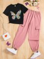 SHEIN Kids QTFun Tween Girls' Butterfly & Flower Pattern T-Shirt And Jogger Pants Casual 2pcs/Set