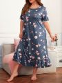 Plus Heart Print Lace Trim Ruffle Hem Nightdress