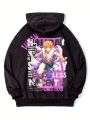 SHEIN Teen Boy Anime Print Zipper Front Casual Loose Hooded Sweatshirt