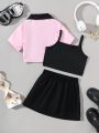 SHEIN Kids Cooltwn Little Girls' Street Style Patchwork Top With Solid Color Vest And Patchwork Short Skirt Set For Spring/Summer