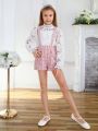 SHEIN Kids FANZEY Tween Girls' Stand Collar Lace Long Sleeve Shirt With Spaghetti Strap Inner Top, 2pcs/Set