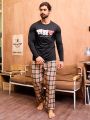 Men'S Cartoon & Plaid Pattern Homewear Set With Long Sleeve Shirt And Pants