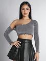 SHEIN PETITE Women'S Asymmetric Neck Sparkly Cropped Top