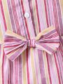 Baby Girl's Striped Bodysuit With Bowknot Front And Ruffled Hem For Summer