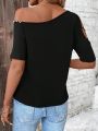 Solid Color Asymmetrical Off Shoulder T-Shirt With Rhinestone Decor