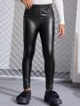 SHEIN Kids Cooltwn Girls Button Front Heart Ring Detail PU Leather Skinny Pants