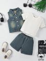 Baby Boys' Denim Vest And Shorts Set, With Round Neck T-Shirt, Street Fashion