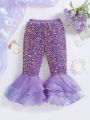 SHEIN Kids EVRYDAY Little Girls' Fashionable Shiny Fish Scale Patterned Pants With Ruffled Hem For Autumn And Winter