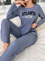 Women's Blue Striped Alphabet Print Homewear