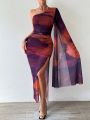 SHEIN Privé Ladies' Tie-dye One Shoulder High Slit Dress