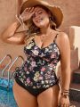 SHEIN Swim Classy Plus Size Floral Print Tankini Swimsuit Set With Bikini Bottom