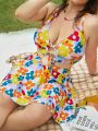 SHEIN Swim Mod Plus Size Cute Flower Print One-piece Swimsuit With Detachable Shoulder Straps