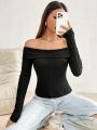 SHEIN ICON Off-shoulder Solid Color Long Sleeve T-shirt