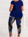 Plus Size Asymmetrical Neckline Top With Letter Print And Animal Pattern Patchwork, Hollow Out Leggings Two Piece Set