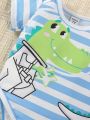 SHEIN Baby Boys' Crocodile Pattern Striped Romper & Hat Set