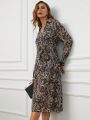 Women's Long Sleeve Paisley Print Dress With Belted Waist