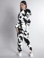SHEIN PETITE Cow Patterned Flannel Jumpsuit With 3d Ear Decorations