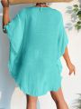 SHEIN Swim Summer Beach Hollow Out Tassel Trim Batwing Sleeve Cover Up Dress