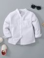 SHEIN Kids SPRTY Boys' Comfortable Casual Stand Collar Long Sleeve Shirt For Spring, White