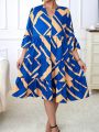 SHEIN Essnce Plus Allover Print Flounce Sleeve Ruffle Hem Dress Without Belt