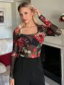 SHEIN Frenchy Valentine'S Day Slim-Fit Rose Floral Print Lace Square Neck See-Through Top