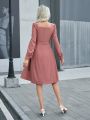 SHEIN Privé Solid Color Belted Buttoned Long Sleeve Dress