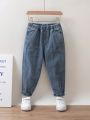 Young Boy Solid Elastic Waist Jeans