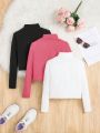 SHEIN Kids EVRYDAY Teenage Girls' Plain Stand Collar Casual T-shirt 3pcs/set