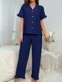 Women'S V-Neckline Short Sleeve Top And Long Pants Sleepwear Set