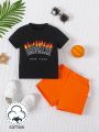 SHEIN Baby Boys' Casual Basic Street Style Simple Letter Print T-Shirt And Solid Color Shorts Set