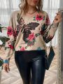 Plus Butterfly & Floral Pattern Drop Shoulder Sweater