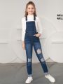 Tween Girl Ripped Denim Overalls Without Tee