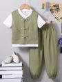 SHEIN Kids EVRYDAY Boys' (Toddler/Little Kid) Short Sleeve Top And Pants Chinese Style Hanfu Suit