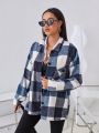 SHEIN Essnce Ladies' Plaid Turn-down Collar Woolen Overcoat With Flap Pockets