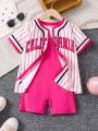 SHEIN Kids HYPEME Little Girls' Letter Printed Stripe Shirt And Overall Shorts Set