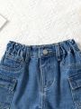 Girls' Mid Washed Blue Denim Shorts With Folded Hem