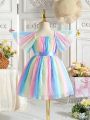 SHEIN Kids FANZEY Young Girls' Summer New Arrival Chiffon Multicolor Gradient Pleated Dress